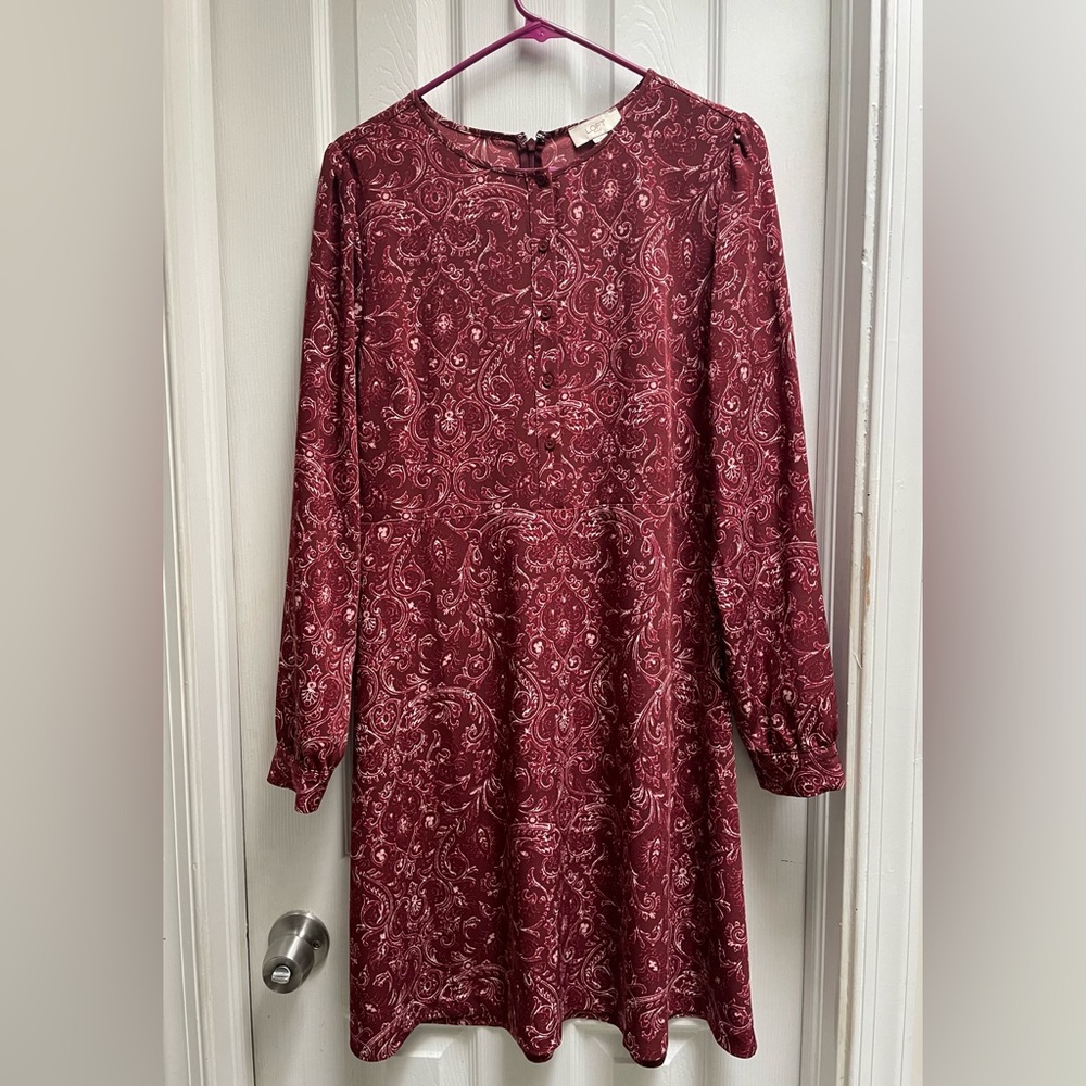 LOFT Red Paisley Long Sleeve Button-Up Dress